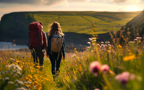junges Wanderpaar mit schweren Rucksäcken genießt die wilde Natur